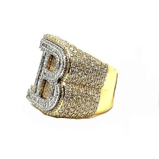 10K Gold B Letter Round & Baguette 5.92CT Natural Diamonds Ring - SR18468