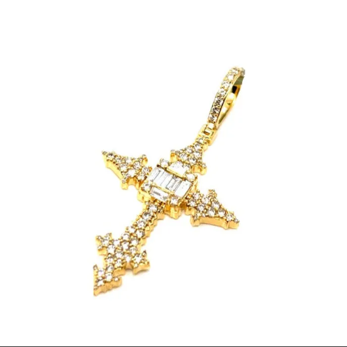 10k Gold w/ Baguette 2.06ct Natural Diamonds 2" Cross Pendant- SP17483