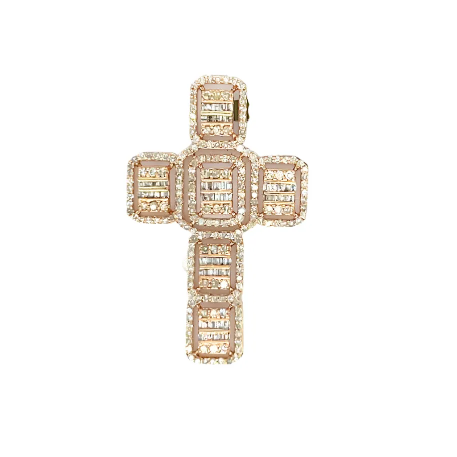 10k Rose Gold Round & Baguette 1.49ct Diamond Cross Pendant - EXPD1161