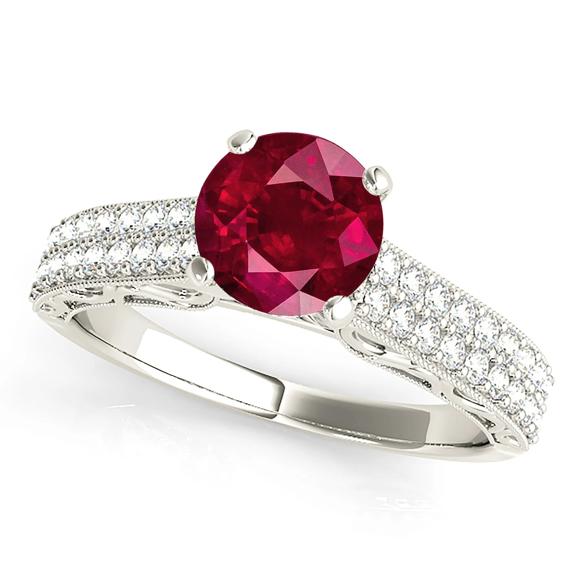 1.35 ct. Genuine Solitaire Ruby Ring with Double Row Diamond Band
