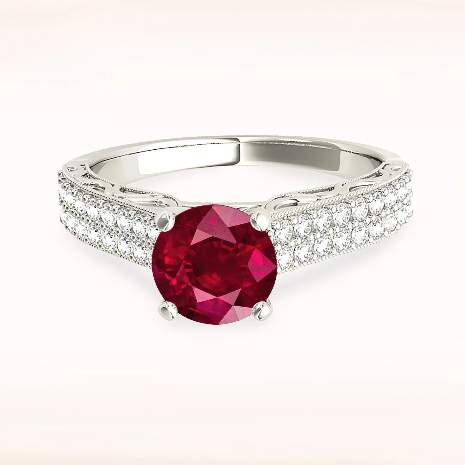1.35 ct. Genuine Solitaire Ruby Ring with Double Row Diamond Band
