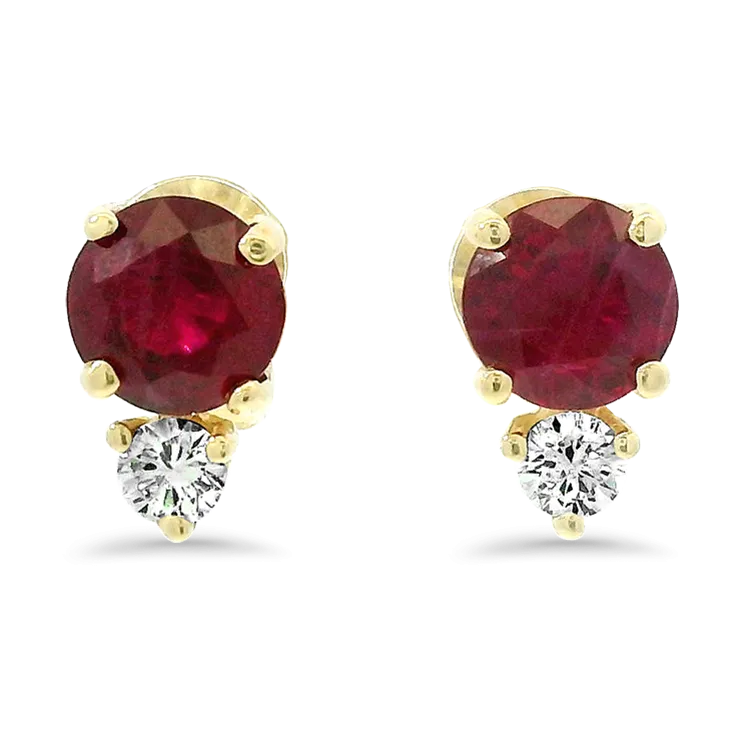 14k Yellow Gold Ruby and Diamond Stud Earrings
