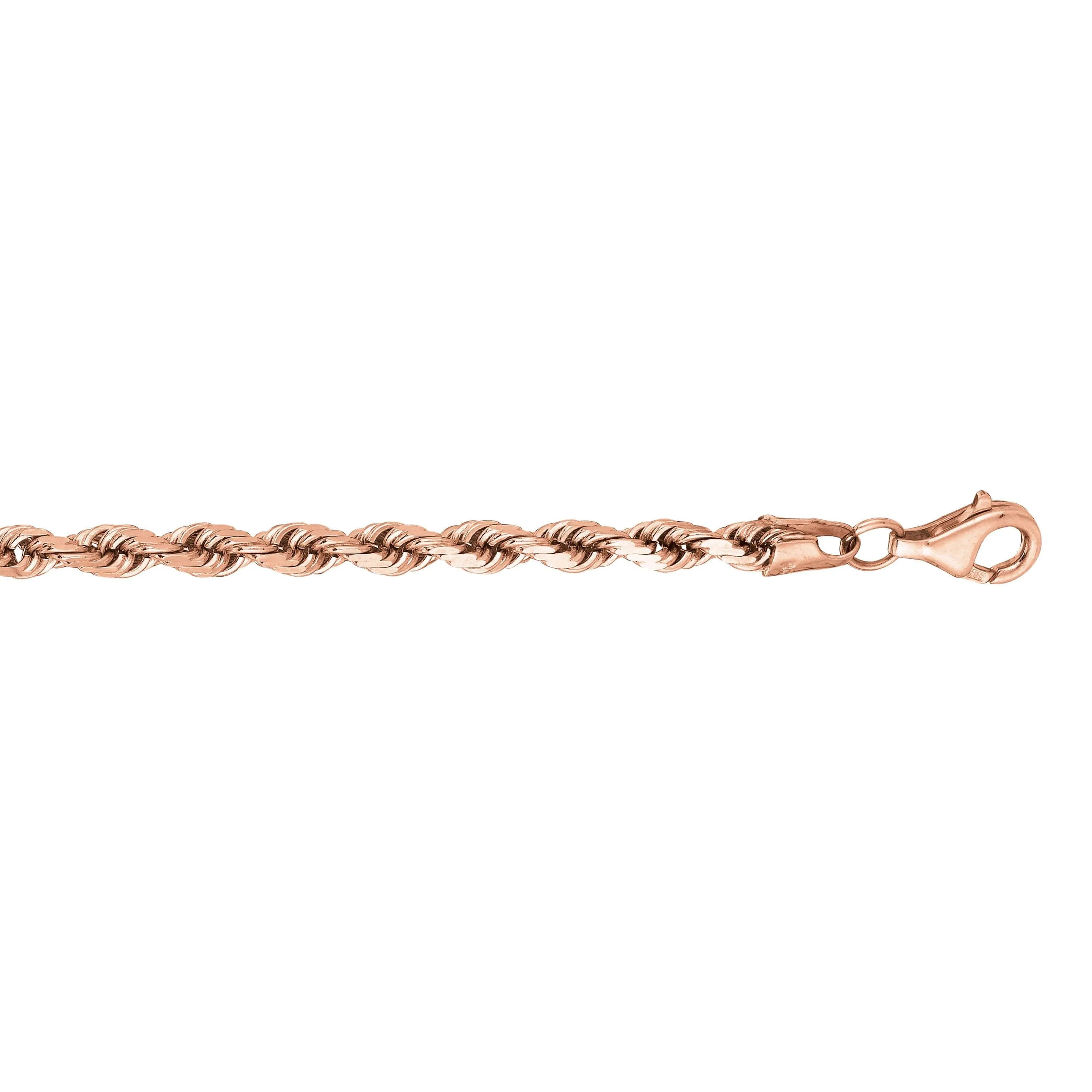 14kt Gold 24 inches Rose Finish 4mm Classic Diamond Cut Twisted Solid Diamond Cut Rope Chain with Lobster Clasp