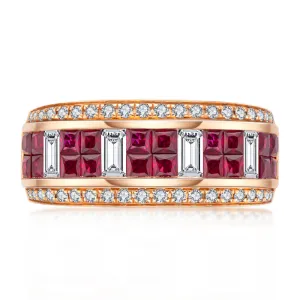 18K Gold 1.088ct Ruby 1.092ct Sapphire Natural Gemstone Vintage Half Eternity Ring Exclusively Handcrafted 0.632ct/0.683ct Natural Diamond (H-F Color, VS1-VS2 Clarity)