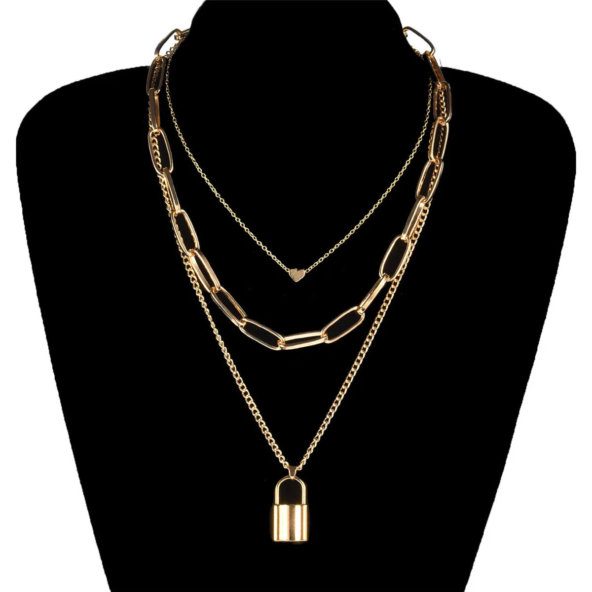 18K Gold-Plated Lock Layered Pendant Necklace