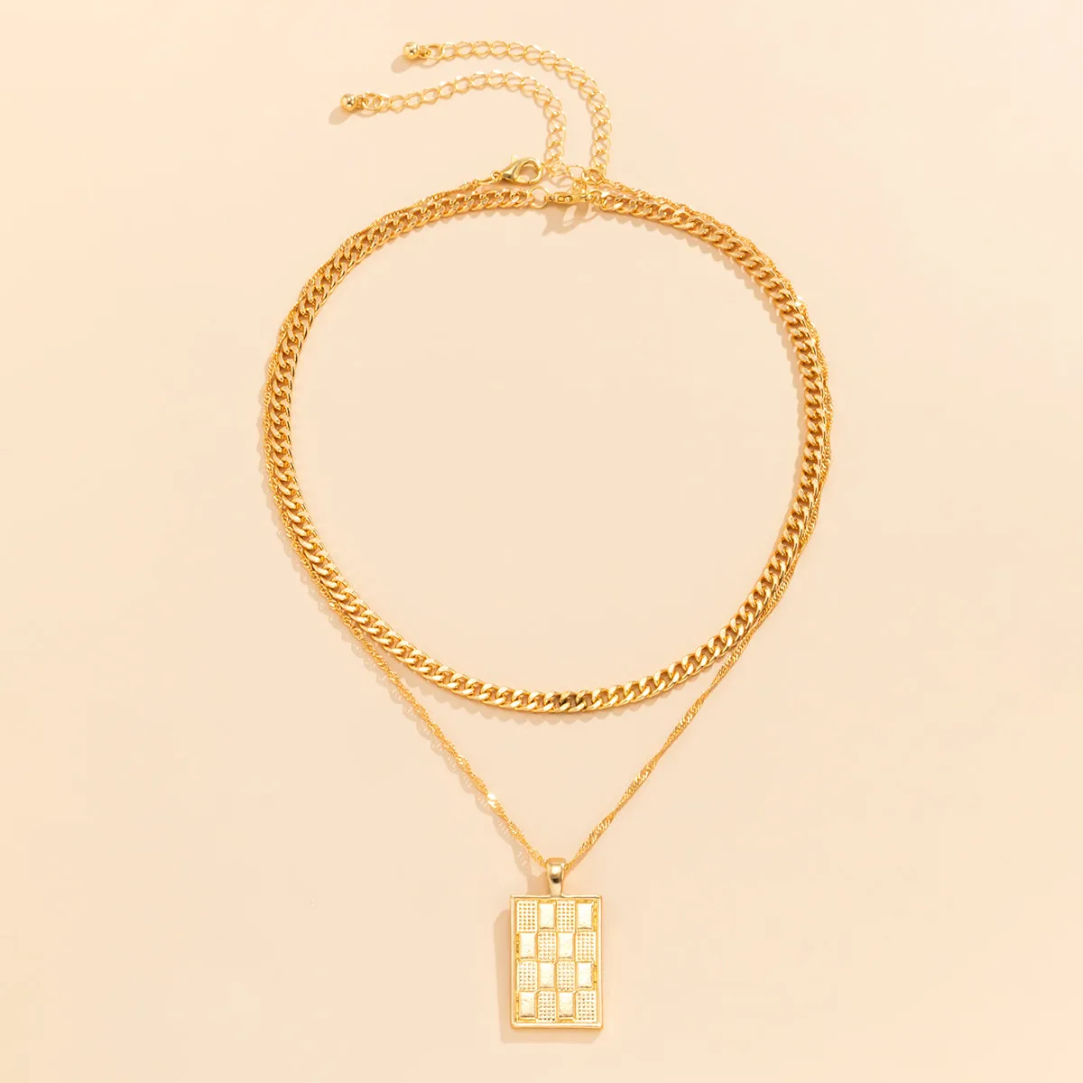 18K Gold-Plated Rectangle Geometric Pendant Necklace & Curb Chain Necklace