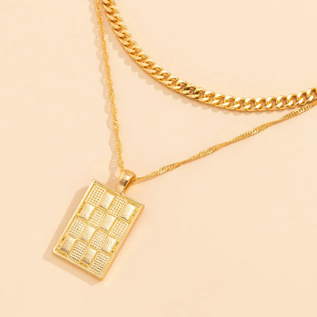 18K Gold-Plated Rectangle Geometric Pendant Necklace & Curb Chain Necklace