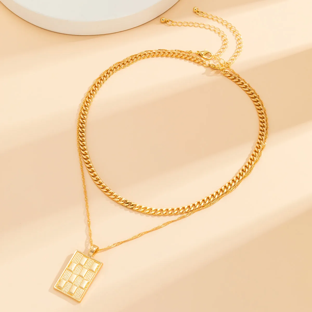 18K Gold-Plated Rectangle Geometric Pendant Necklace & Curb Chain Necklace