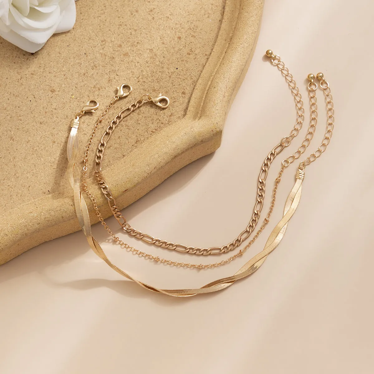 18K Gold-Plated Snake Chain Twist Anklet Set