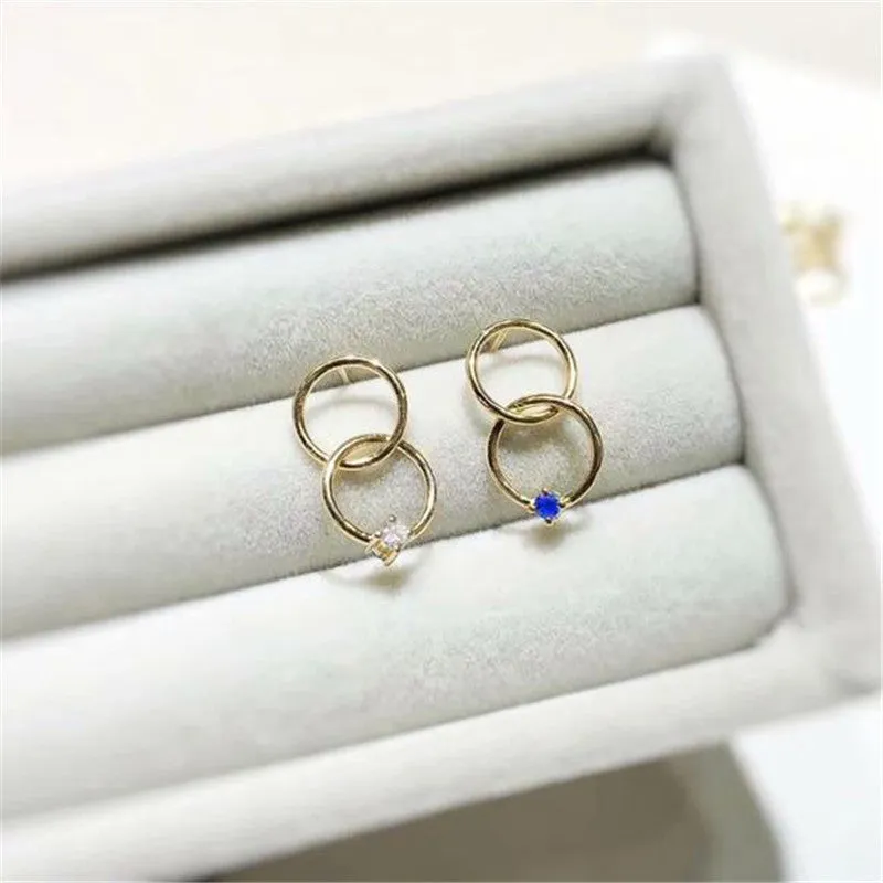 18K Gold Round Natural Diamond Sapphire 0.6ct Circle Stud Earrings