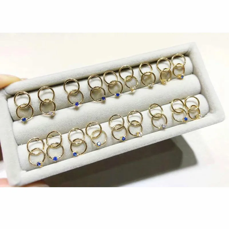18K Gold Round Natural Diamond Sapphire 0.6ct Circle Stud Earrings