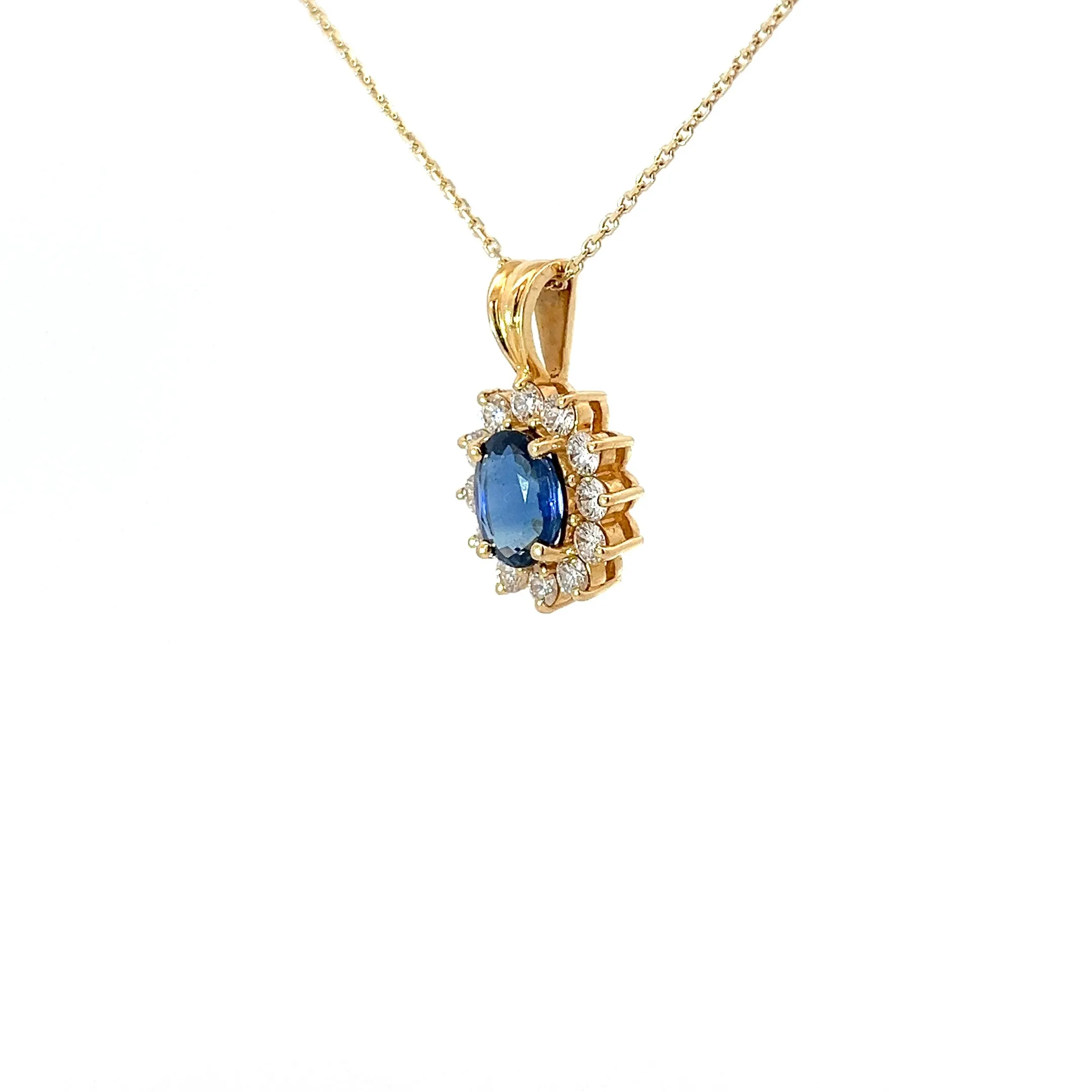 18k Yellow Gold 1.65ct Oval Blue Sapphire AA/ .53ct E VS2 Round Diamond Vintage Pendant