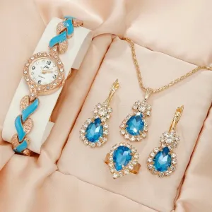 5pcs Amethyst Jewelry Set Watch For Women Love Band Jewelry