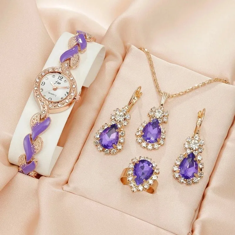 5pcs Amethyst Jewelry Set Watch For Women Love Band Jewelry