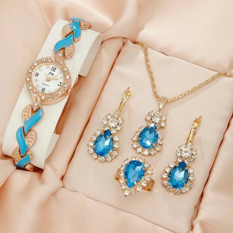 5pcs Amethyst Jewelry Set Watch For Women Love Band Jewelry