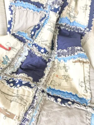 Airplane Quilt Baby Rag Quilt, Boy Crib Bedding Set, Baby Shower Git
