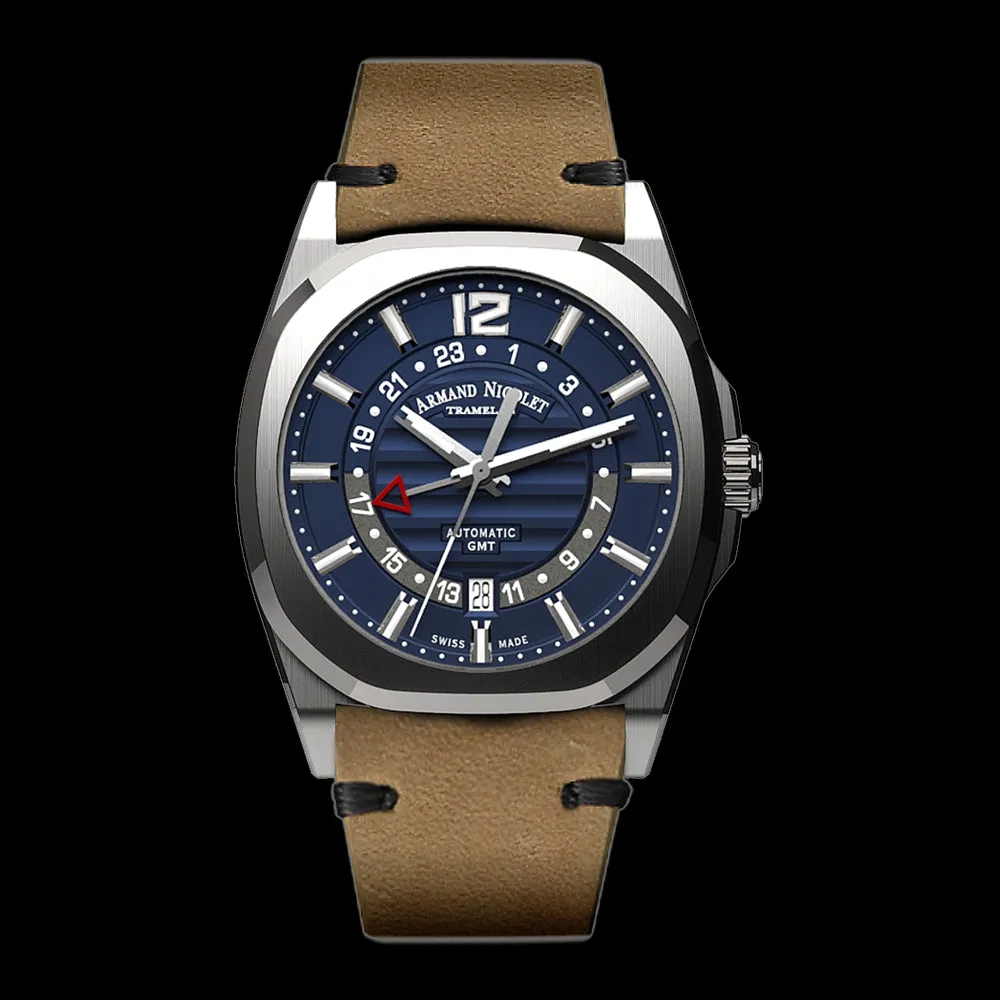 ARMAND NICOLET J09-3 MEN'S AUTOMATIC BROWN STRAP BLUE DIAL WATCH