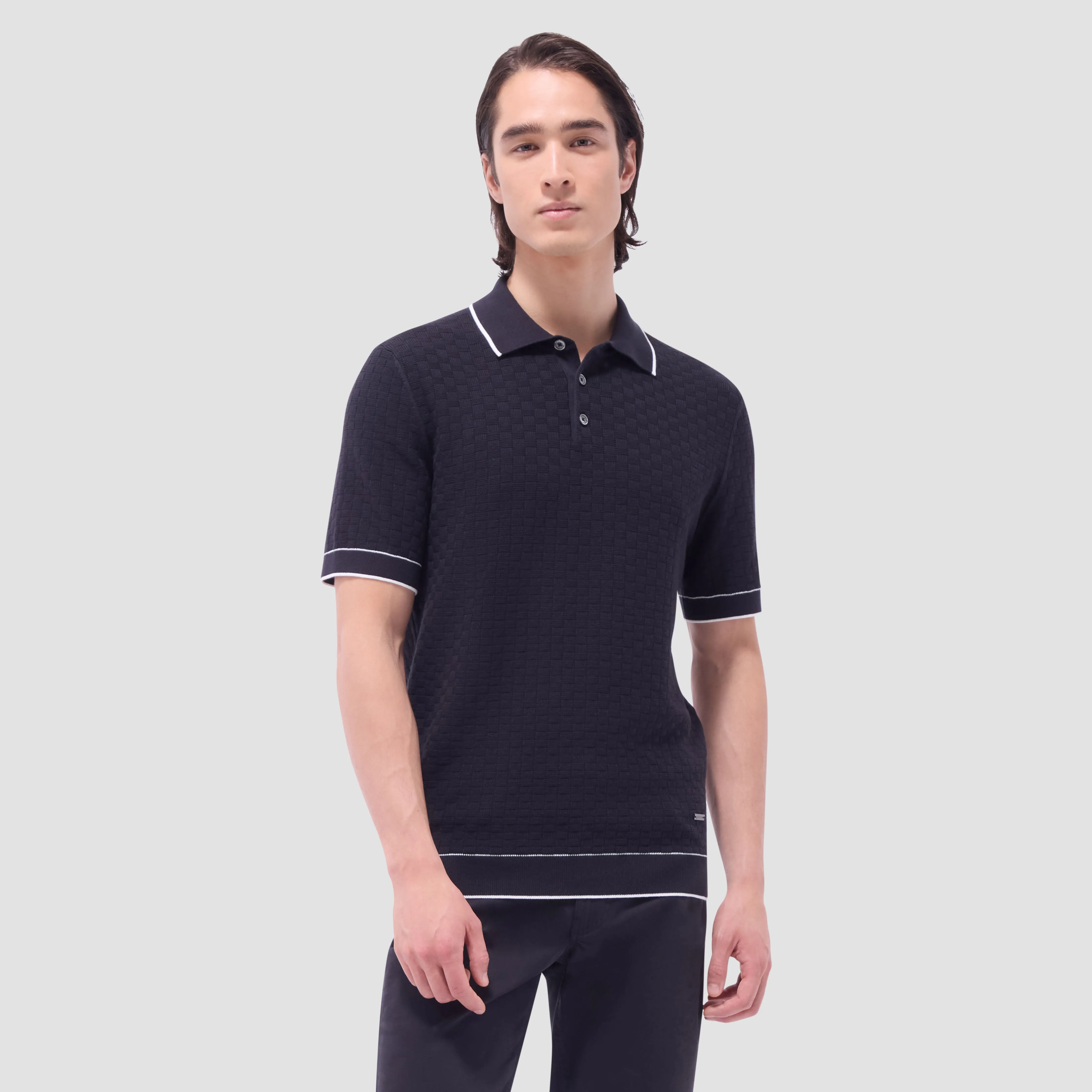 Basket Stitch Three Button Polo Sweater