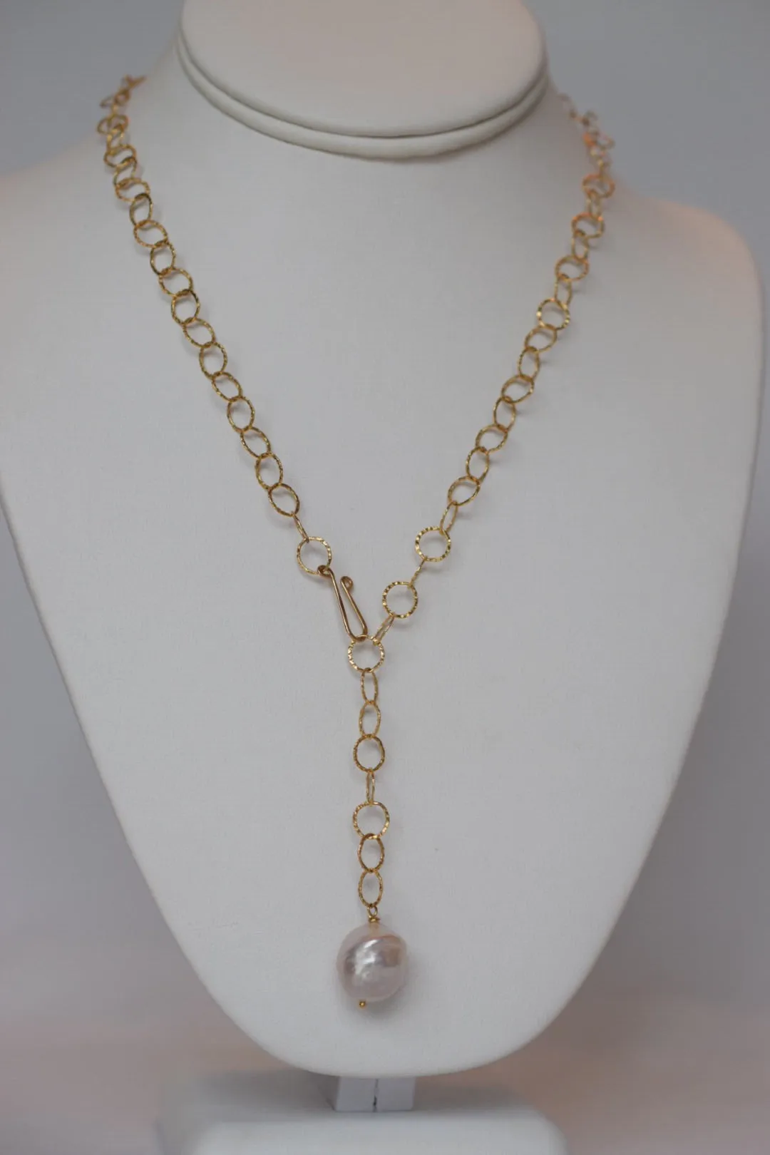 Be BRAVE: Golden Pink Edison Pearl Lariat Necklace, 14 k gold filled