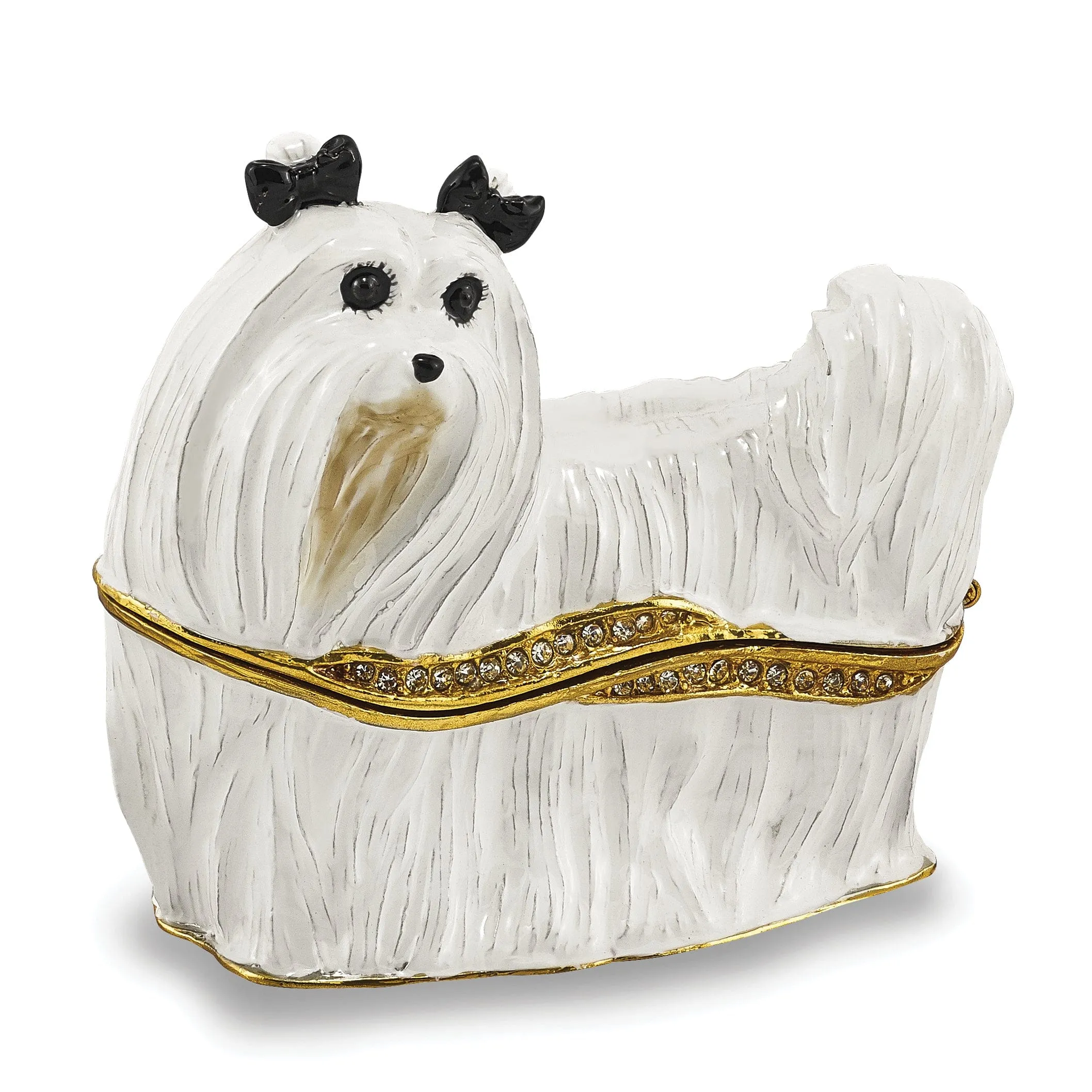 Bejeweled Pewter White Color Enamel Finish MILLIE Maltese Trinket Box