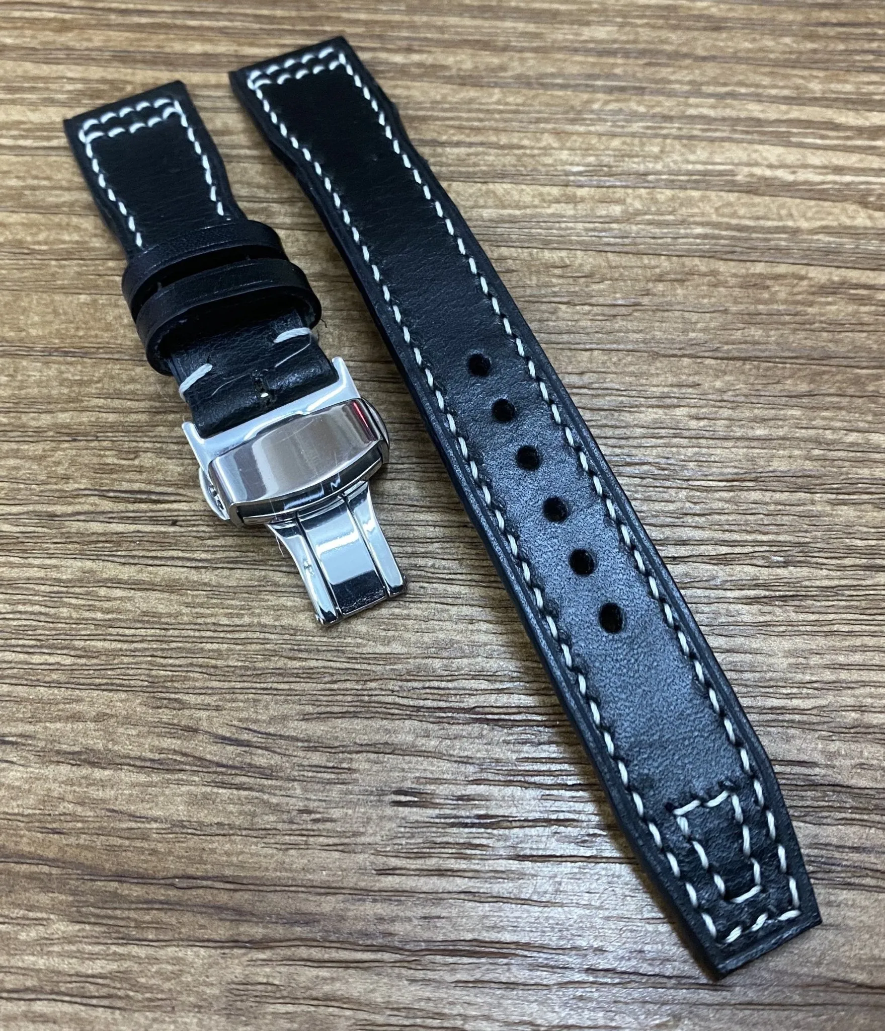 Black Genuine Leather Pilot Watch Strap 22mm, Leather Watch Band 20mm, Aviator Watch Straps with Deployant Clasp, Anniversary Gift Ideas for Boyfriend