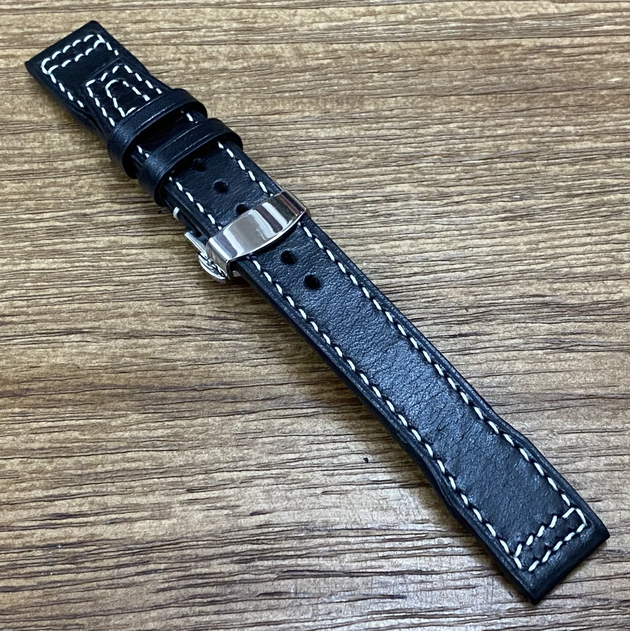 Black Genuine Leather Pilot Watch Strap 22mm, Leather Watch Band 20mm, Aviator Watch Straps with Deployant Clasp, Anniversary Gift Ideas for Boyfriend