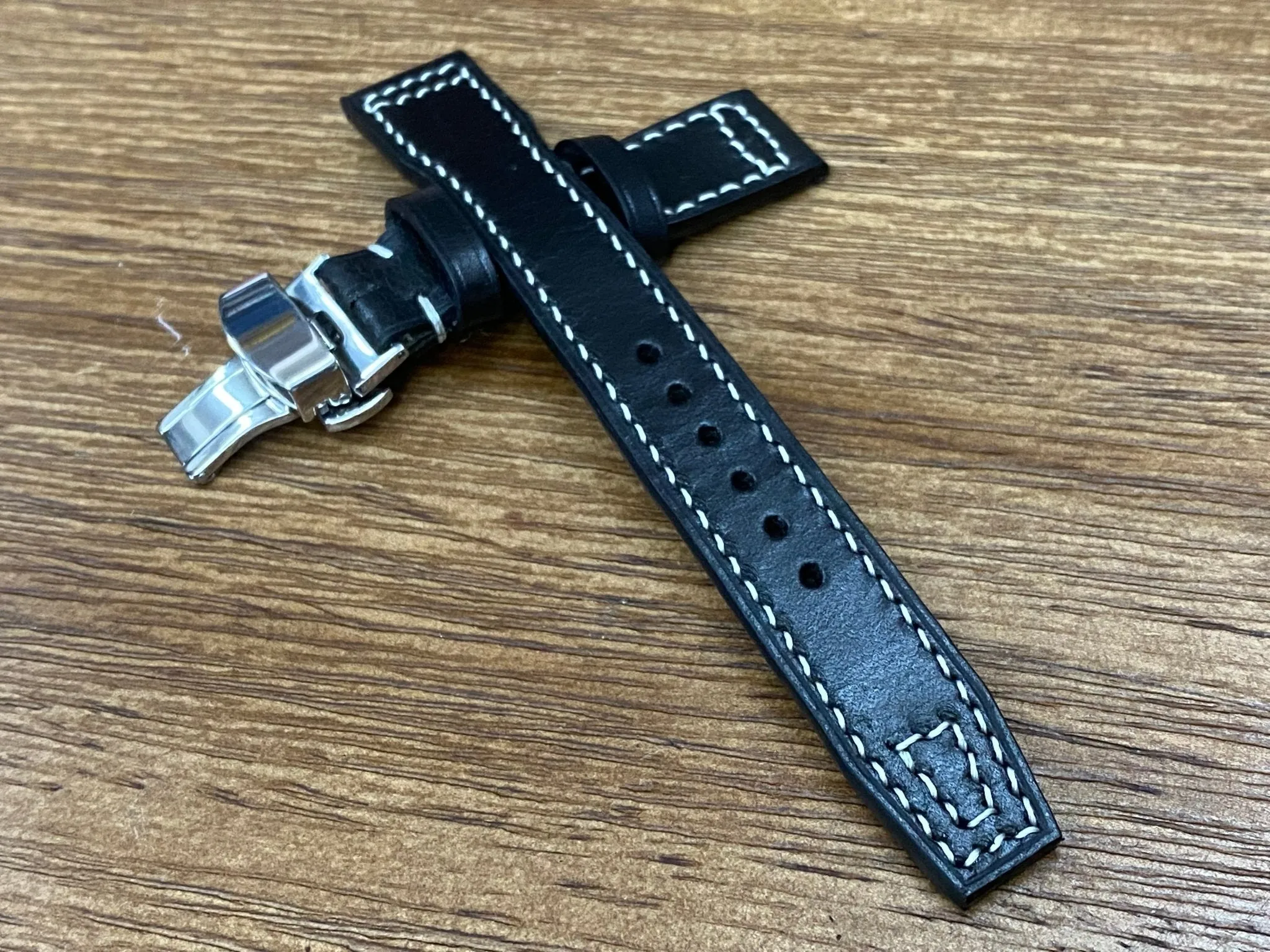 Black Genuine Leather Pilot Watch Strap 22mm, Leather Watch Band 20mm, Aviator Watch Straps with Deployant Clasp, Anniversary Gift Ideas for Boyfriend