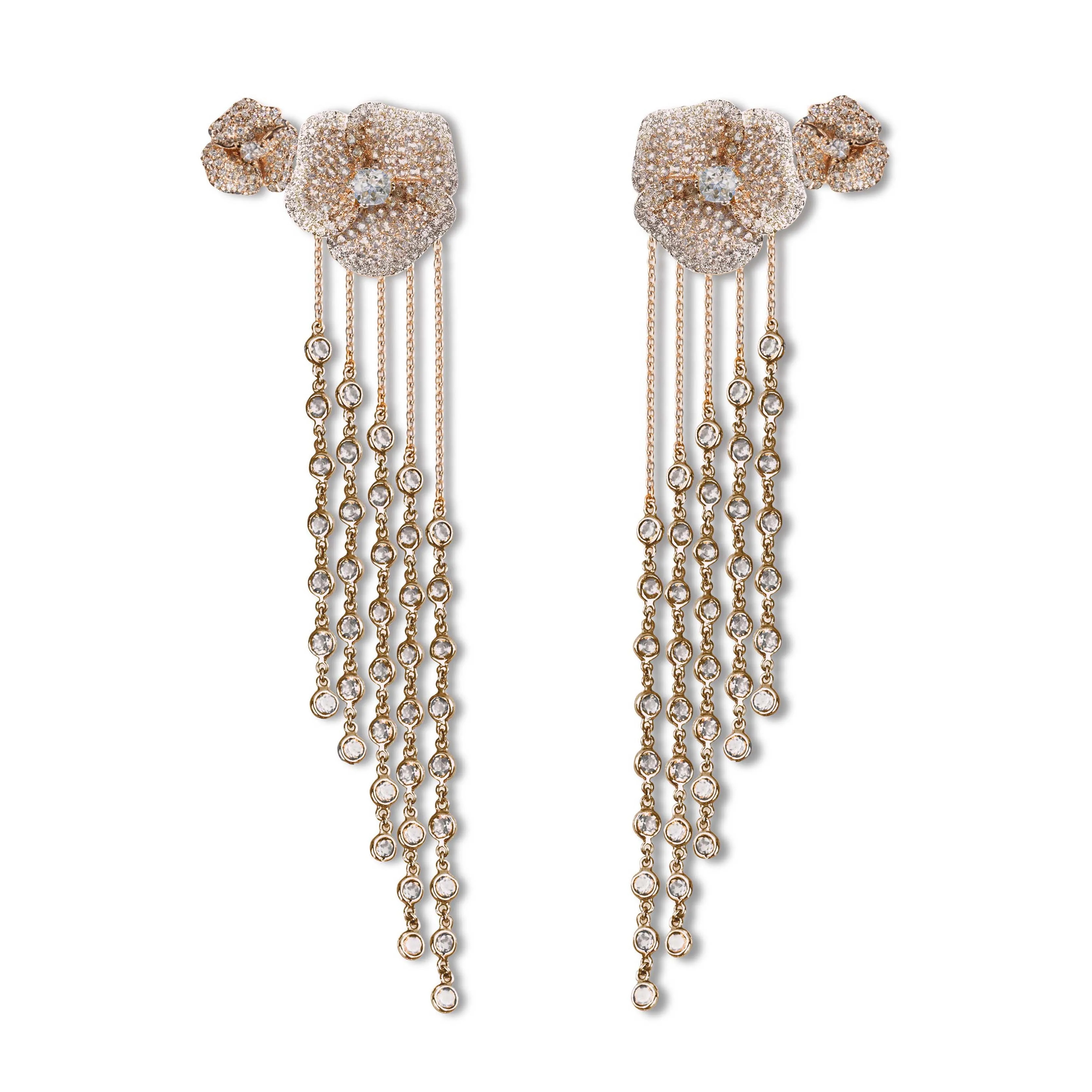 Bloom Medium Flower White Diamonds Long Earrings