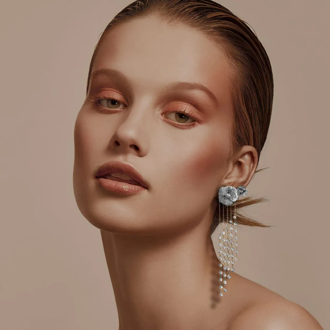 Bloom Medium Flower White Diamonds Long Earrings