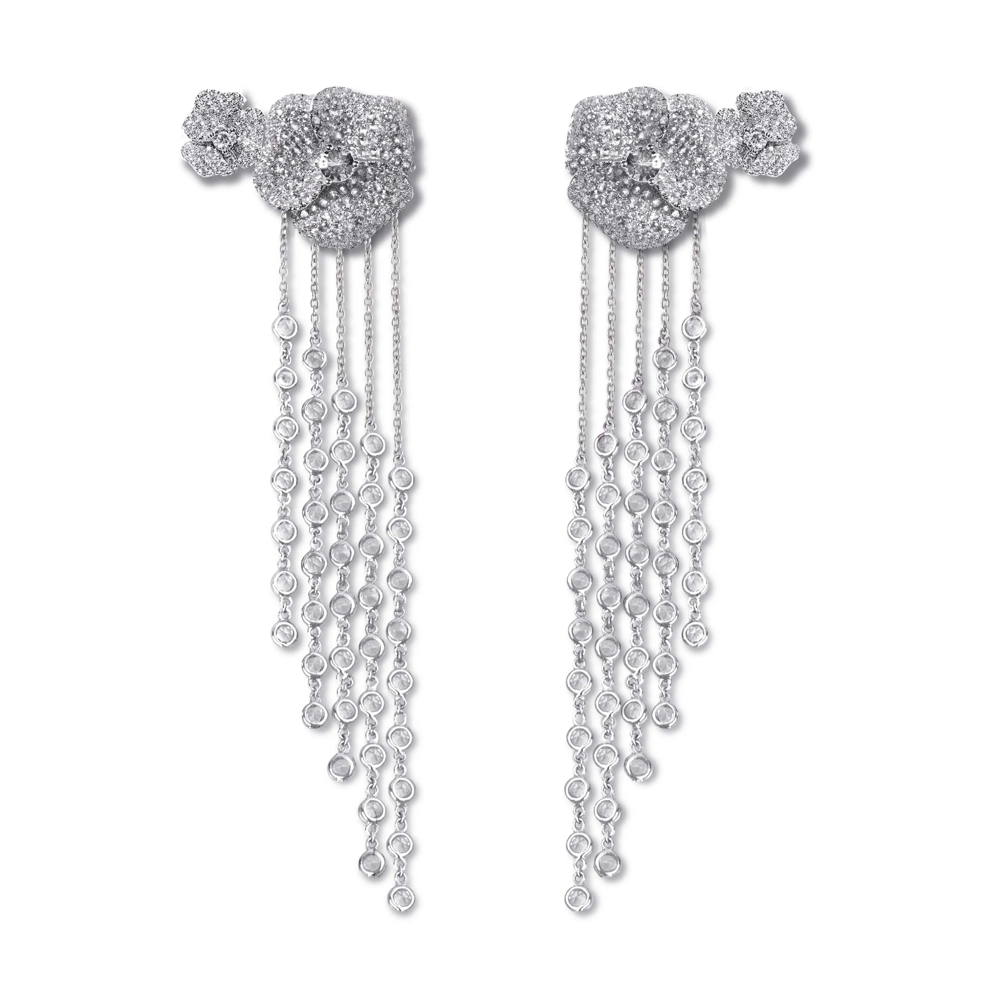 Bloom Medium Flower White Diamonds Long Earrings