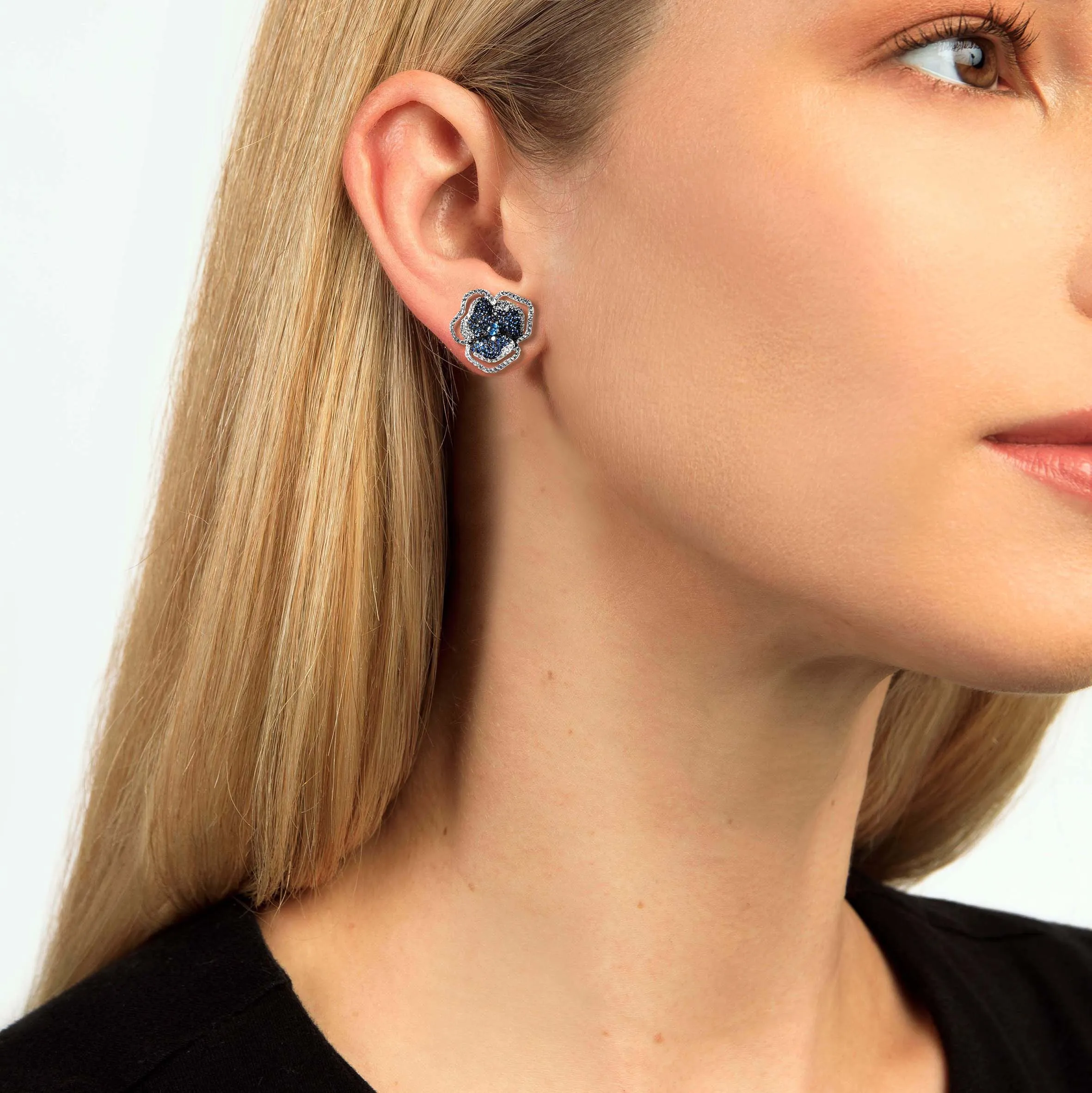 Bloom Small Flower Halo Blue Sapphire Earrings in White Gold