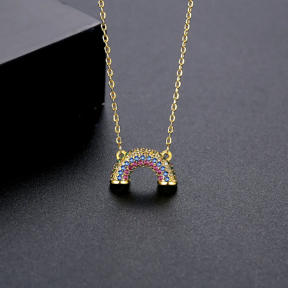 Blue Cubic Zirconia & 18K Gold-Plated Rainbow Pendant Necklace