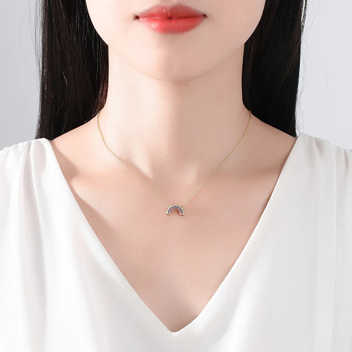 Blue Cubic Zirconia & 18K Gold-Plated Rainbow Pendant Necklace