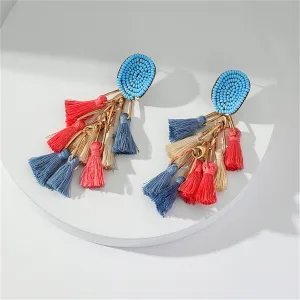 Blue Howlite & Red Polyster Oval Tassel Drop Earrings