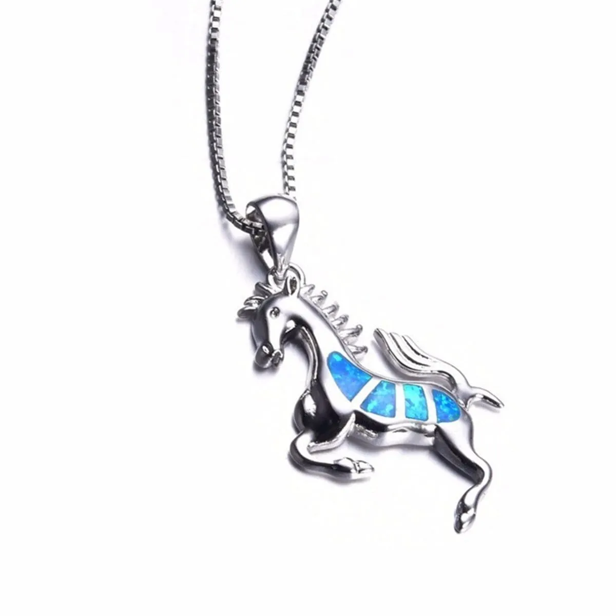 Blue Opal & Silver-Plated Horse Pendant Necklace