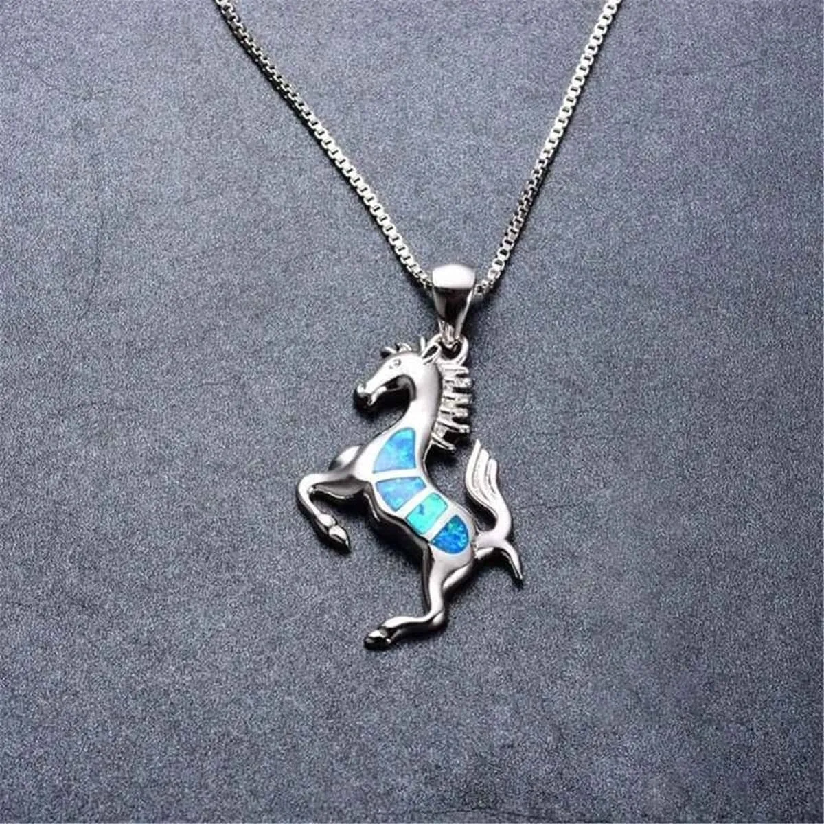 Blue Opal & Silver-Plated Horse Pendant Necklace