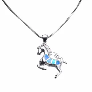 Blue Opal & Silver-Plated Horse Pendant Necklace