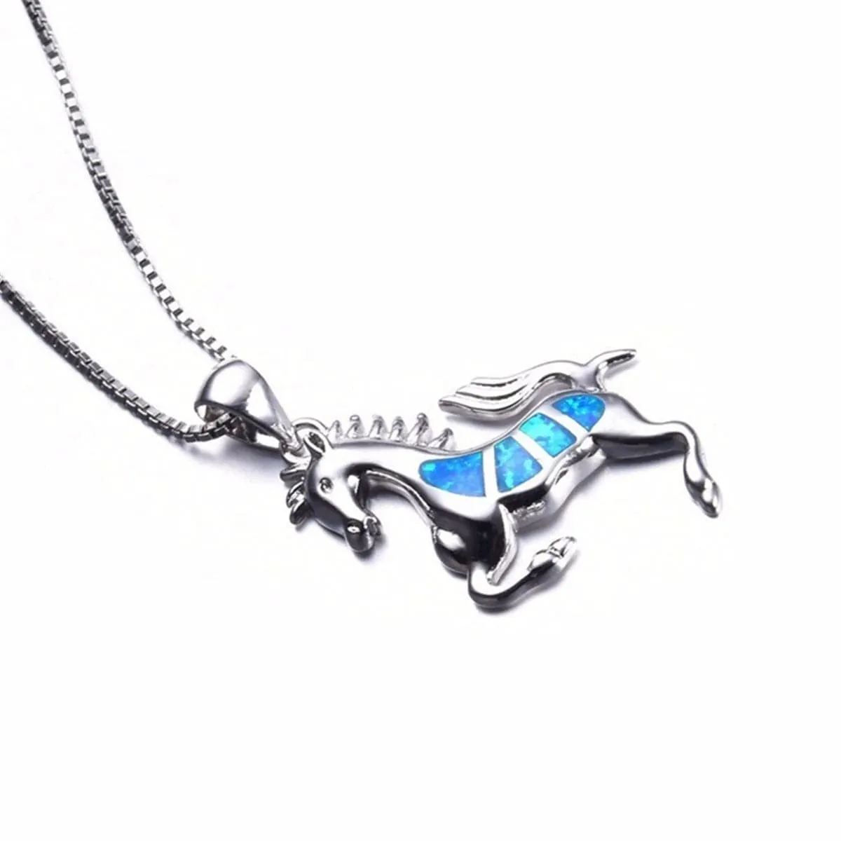 Blue Opal & Silver-Plated Horse Pendant Necklace