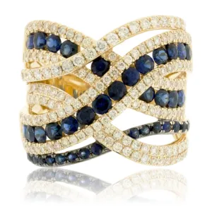 Blue Sapphire and Diamond Wide Ring