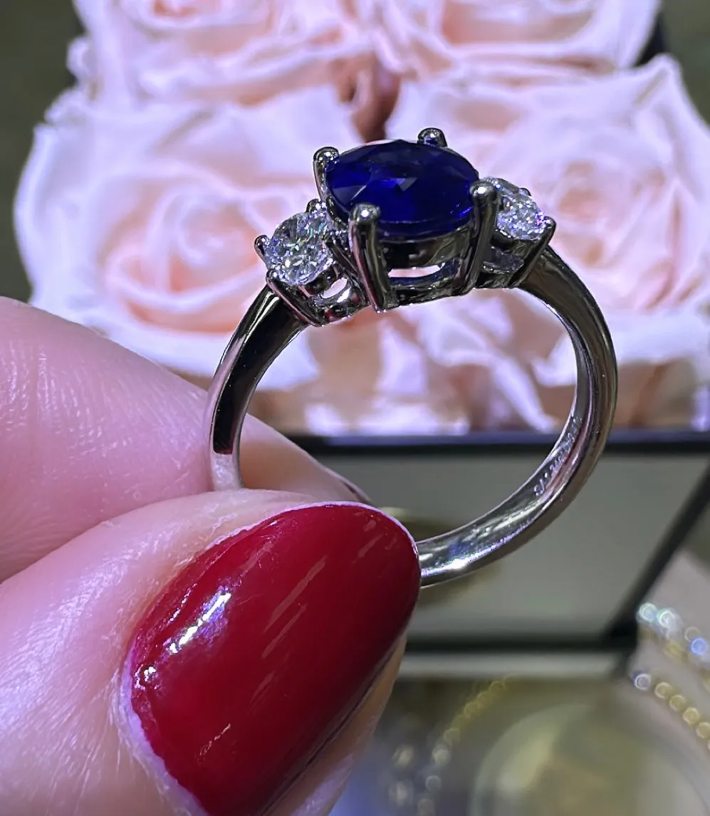Blue Sapphire& Diamond Three Stone Ring