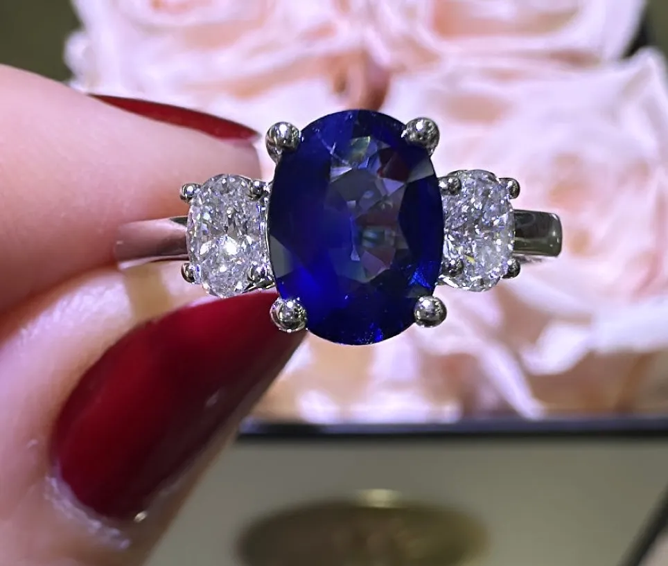Blue Sapphire& Diamond Three Stone Ring
