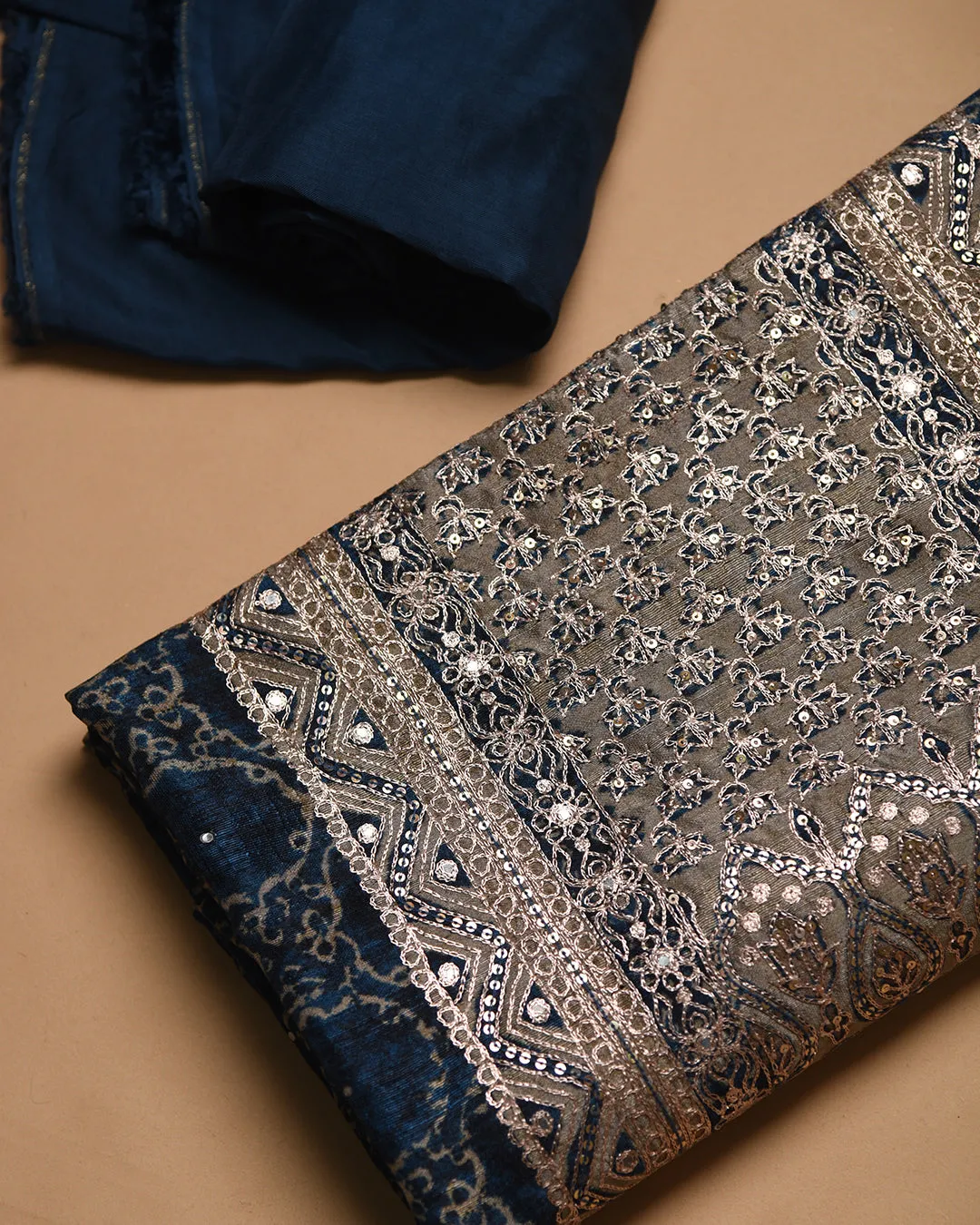Blue Silk Blend Printed With Embroidery Unstitched Suit Fabric Set With Silk Blend Dupatta