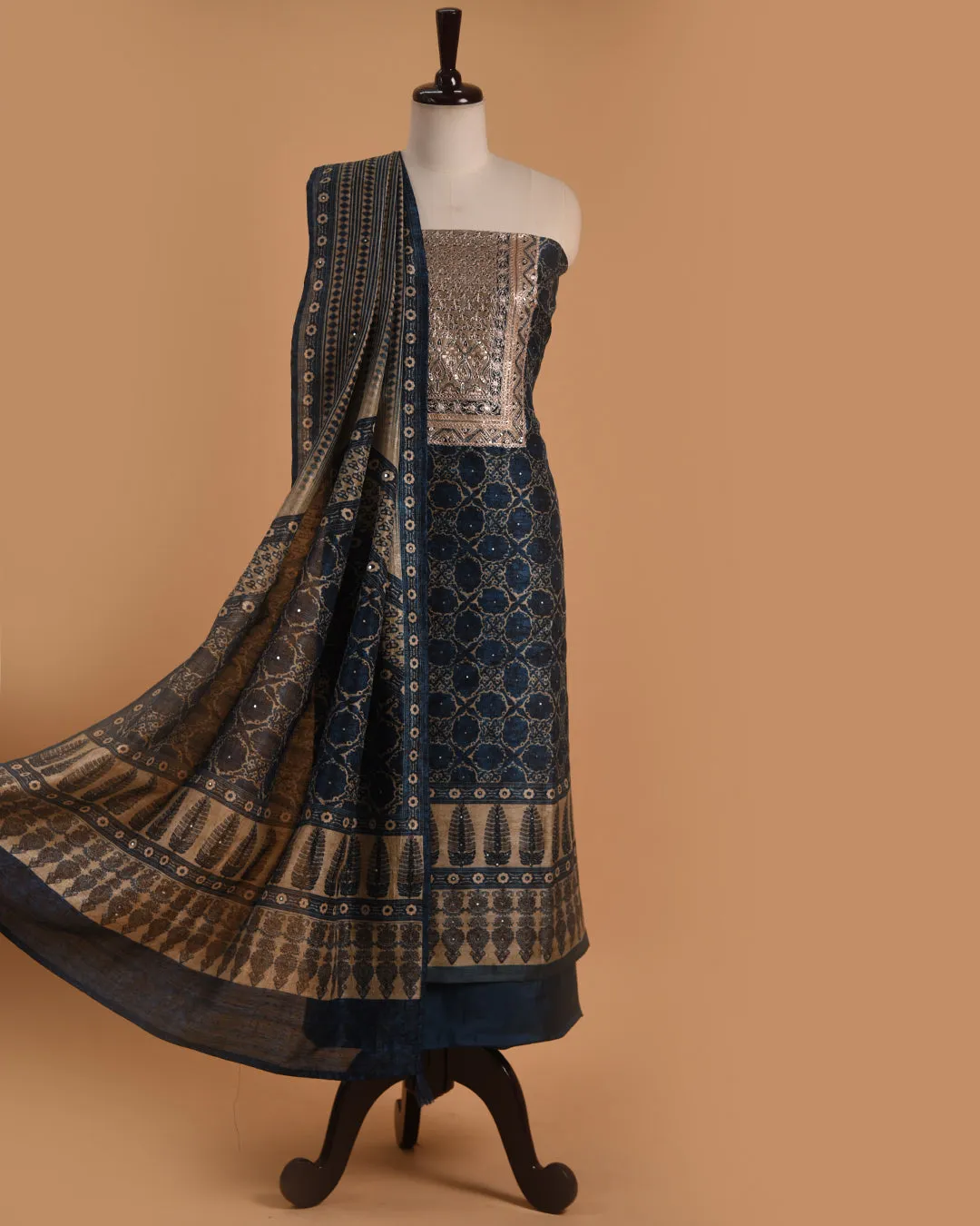 Blue Silk Blend Printed With Embroidery Unstitched Suit Fabric Set With Silk Blend Dupatta