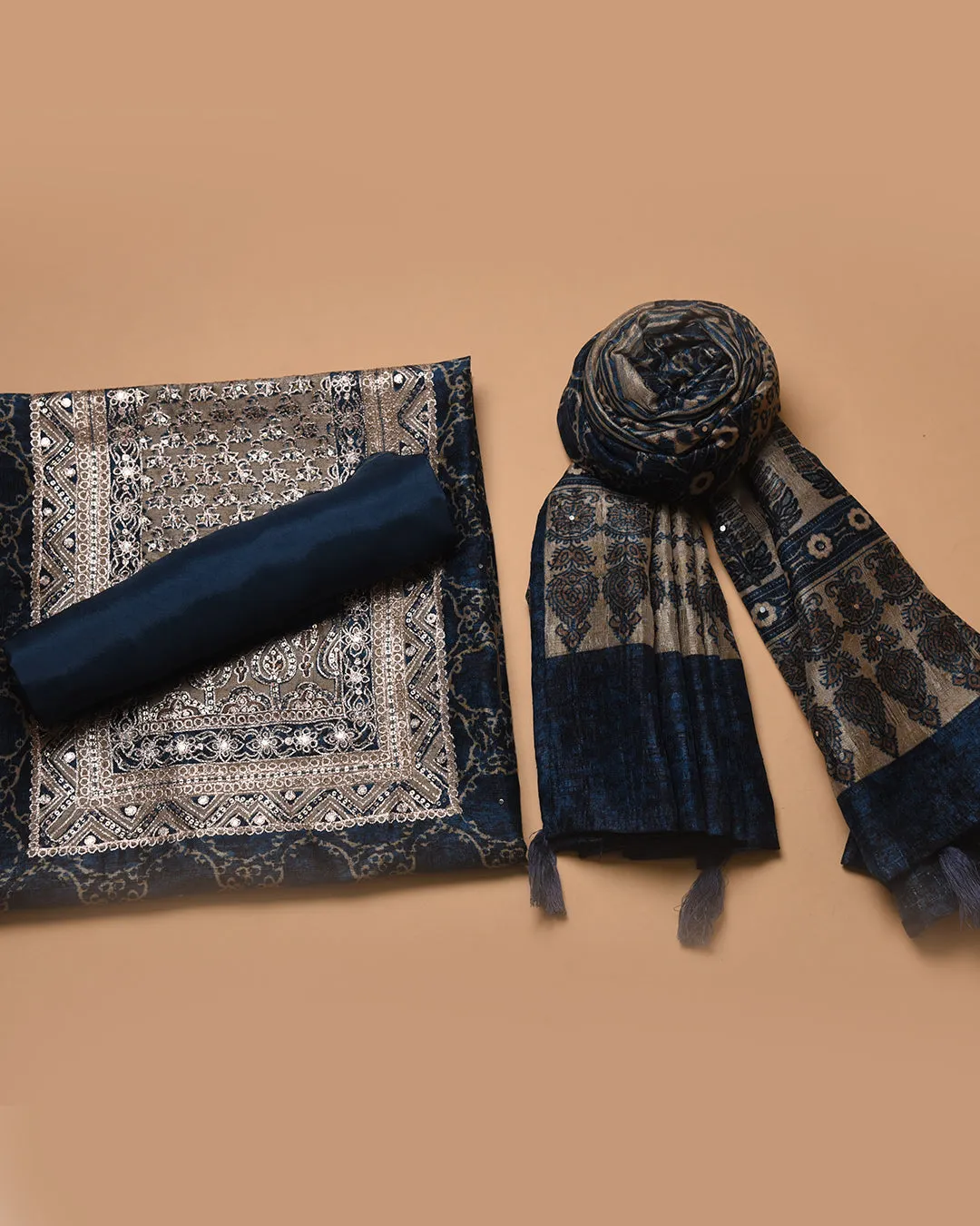 Blue Silk Blend Printed With Embroidery Unstitched Suit Fabric Set With Silk Blend Dupatta