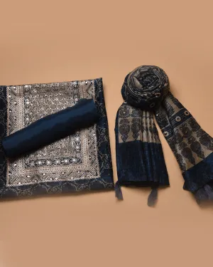 Blue Silk Blend Printed With Embroidery Unstitched Suit Fabric Set With Silk Blend Dupatta