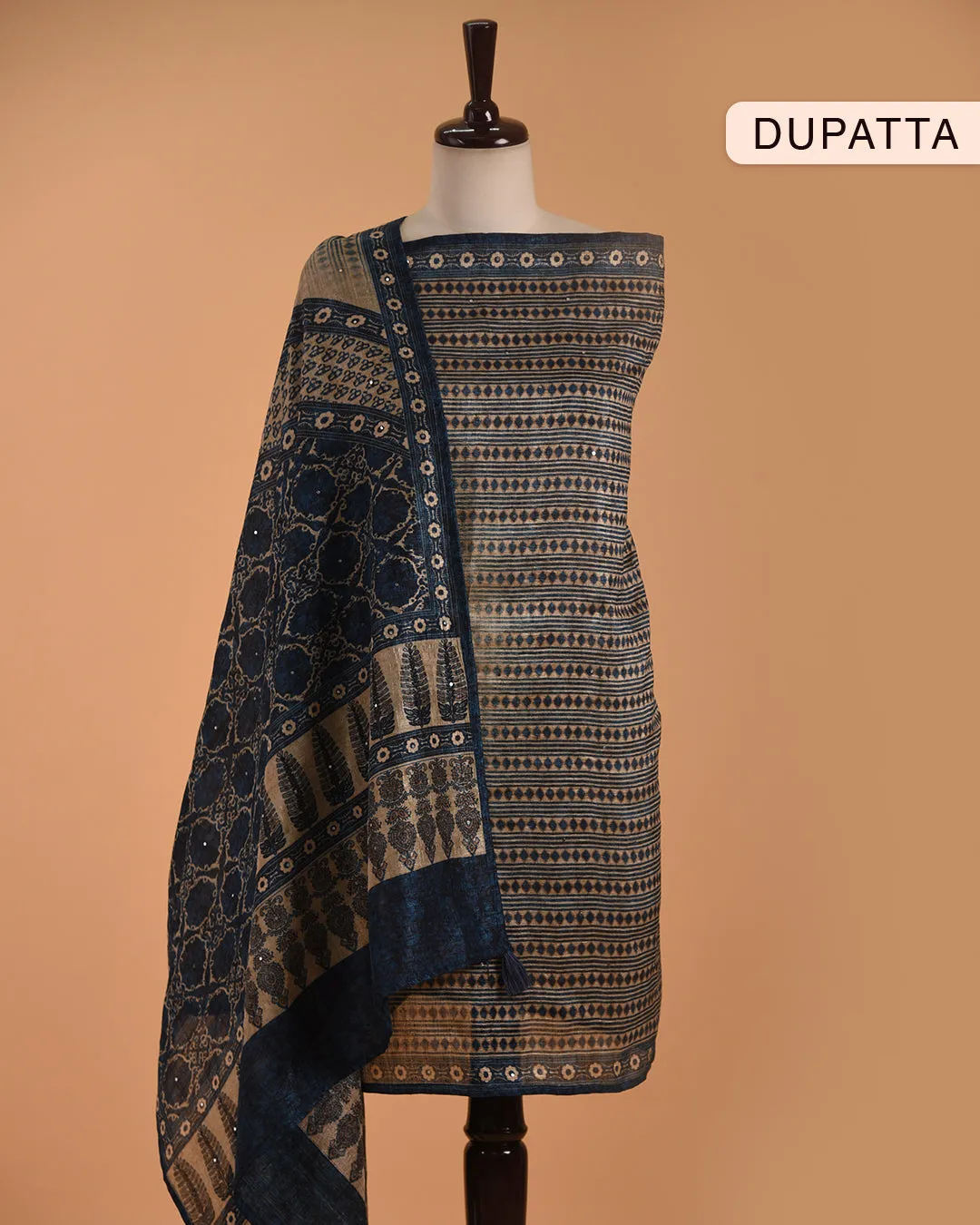 Blue Silk Blend Printed With Embroidery Unstitched Suit Fabric Set With Silk Blend Dupatta