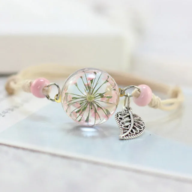 Boho Vintage Charm Bracelet Crystal Glass Ball Charm Bracelet Women Weave Multilayer Leather Bracelet Lucky Leaf Clover Flower