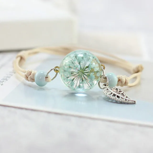 Boho Vintage Charm Bracelet Crystal Glass Ball Charm Bracelet Women Weave Multilayer Leather Bracelet Lucky Leaf Clover Flower