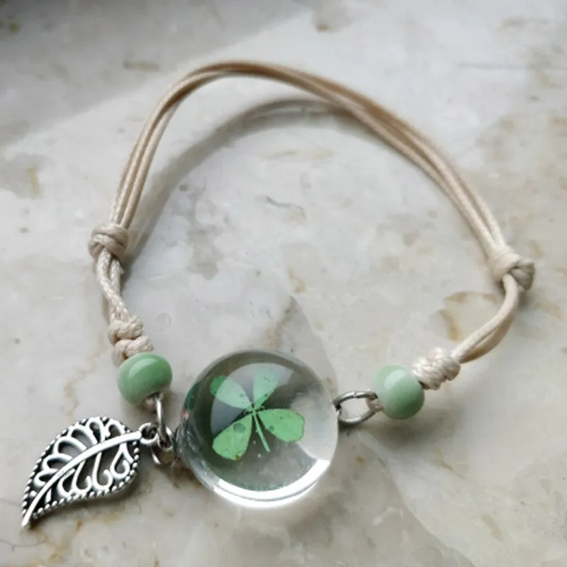 Boho Vintage Charm Bracelet Crystal Glass Ball Charm Bracelet Women Weave Multilayer Leather Bracelet Lucky Leaf Clover Flower
