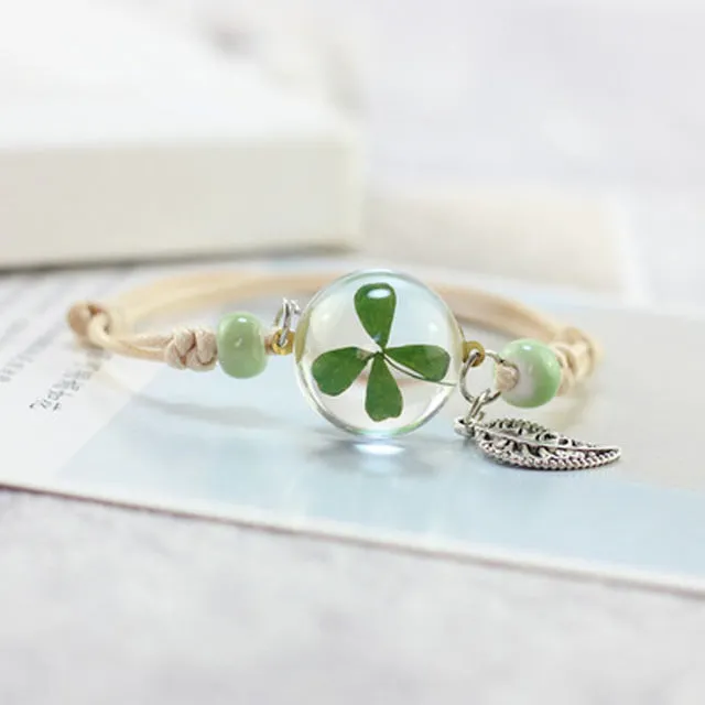 Boho Vintage Charm Bracelet Crystal Glass Ball Charm Bracelet Women Weave Multilayer Leather Bracelet Lucky Leaf Clover Flower